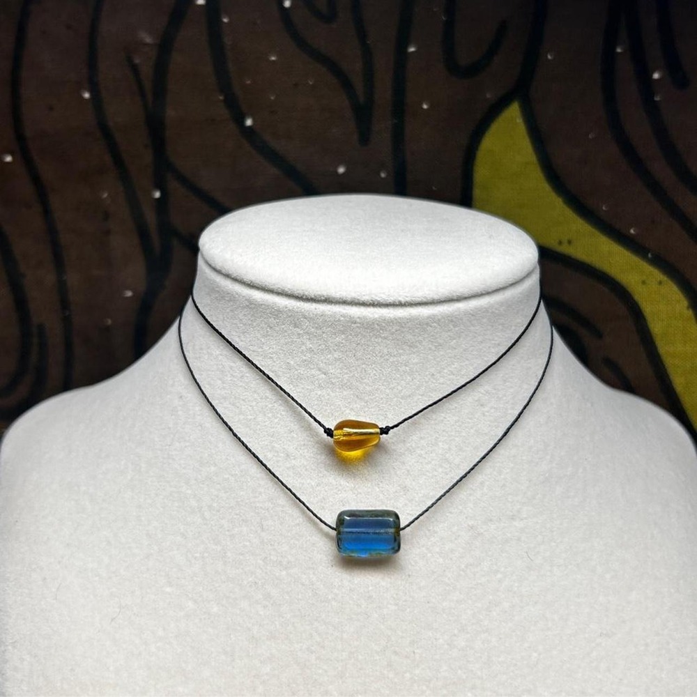 Layered Choker Set Amber Indigo Czech Glass dainty Boho Duo Adjustable Necklace
